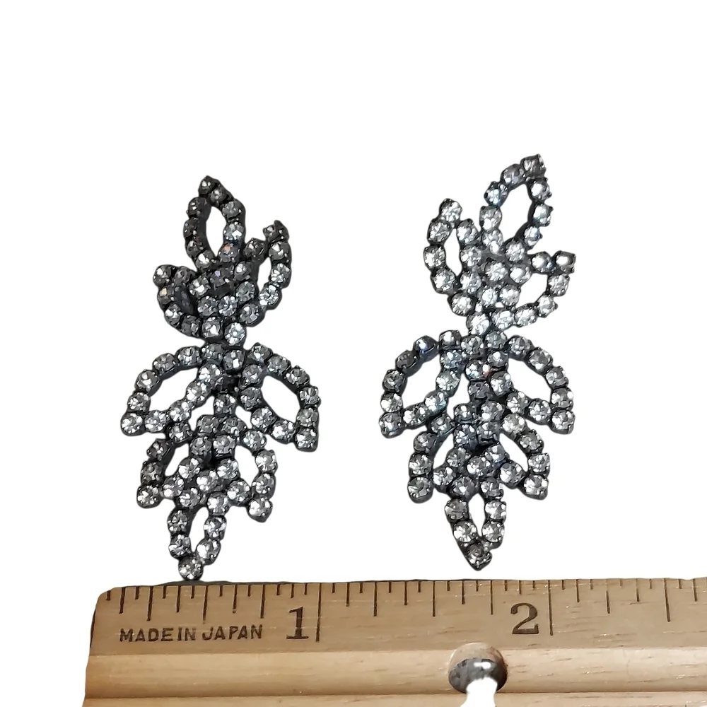 Vintage Rhinestone Crystal Leaf Earrings Pierced Evening Formal